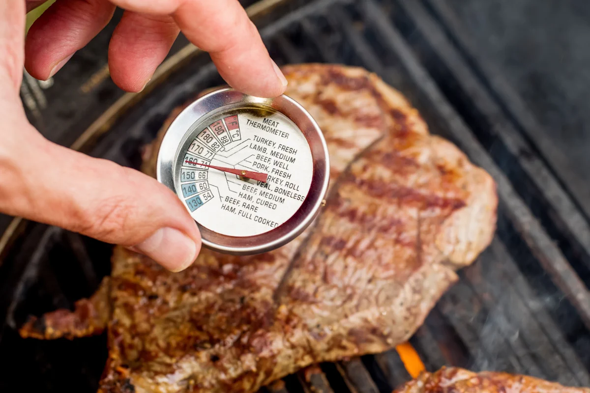 Une personne qui prend la température de cuisson d'une viande avec un thermomètre